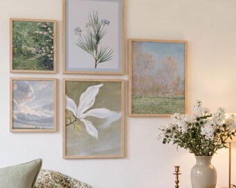 Framed Botanical Gallery Wall Print Set, Pastel Monet Landscape Prints, Cottagecore Decor