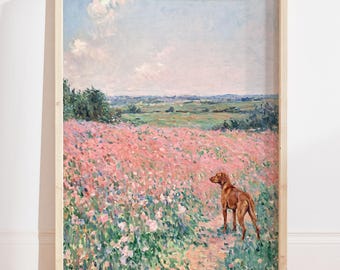Vizsla Oil Painting Print, Monet Wildflower Floral Landscape Dog Art, Dog Lover Gift