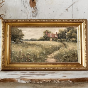 Vintage English Cottage Landscape Print, Rustic Impressionist Painting, Nature Wall Art, Muted Countryside Oil Painting, Cottagecore Decor