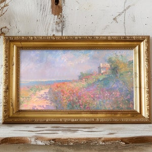 Stampa di pittura a pastello di cottage francese, arredamento di campagna francese, dipinto impressionista vintage, arte murale di Monet, stampa di campo di fiori di campagna