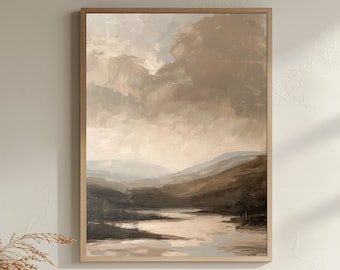 Neutral Beige Mountain Landscape Print, Beige Earth Tone Scenic Wall Art, Mountain Lake Oil Painting, Wabi Sabi Home Decor, Farmhouse Decor