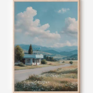Vintage Retro Diner Wall Art Painting Print, French Country Decor, Nostalgic 60s Summer Print, Countryside Farmhouse Decor, Pastel Painting
