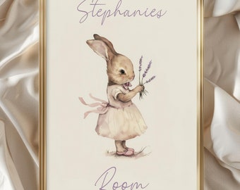 Rabbit Girl Nursery Print, Vintage Nursery Wall Art, Custom Nursery Print, Kids Bunny Rabbit Painting, Storybook Whimsical Art Print