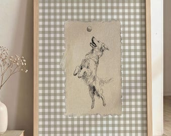 Vintage Golden Retriever Illustration Wall Art, Cottagecore Gingham Framed Print, French Country Decor