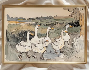 Vintage Nursery Print, Antique Ducks Watercolor Painting, Farmhouse Neutral Nursery Decor, Woodland Animal Art Prints, Kids Room Wall Art