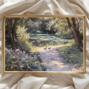 Vintage French Countryside Painting Print, Rustic Farmhouse Wall Art, Muted Pastel Prints, Ducks Nursery Print, Vintage Nursery Decor