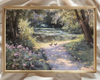 Vintage French Countryside Painting Print, Rustic Farmhouse Wall Art, Muted Pastel Prints, Ducks Nursery Print, Vintage Nursery Decor