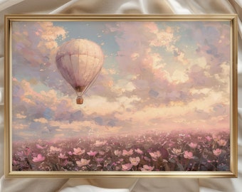 Hot Air Balloon Pastel Painting Print, Muted Pastel Cloud Wall Art, Whimsical Impressionist Painting, Vintage Nursery Decor, Pink Sky Canvas