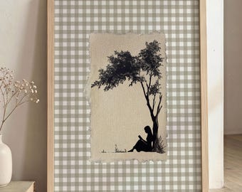Vintage Woman Reading Wall Art Print, Cottagecore Gingham Framed Print, French Country Bookish Decor