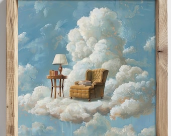 Whimsical Cloud Reading Nook Art Print, Vintage Surreal Library Decor