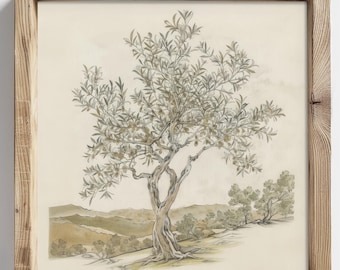 Vintage Olive Tree Sketch Print, French Country Decor, Rustic Farmhouse Wall Art, Country Landscape Wall Art, Square Countryside Print