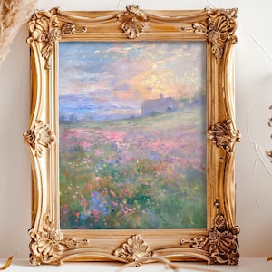 Muted Pastel Vintage Landscape Oil Painting Print, French Country Wall Decor, Colorful Flower Field Art Print, Countryside Prints