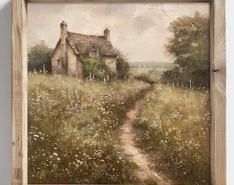 Vintage English Cottage Wall Art Print, Impressionist Countryside Painting, Country Rustic Meadow Print, French Country Decor, Farmhouse Art