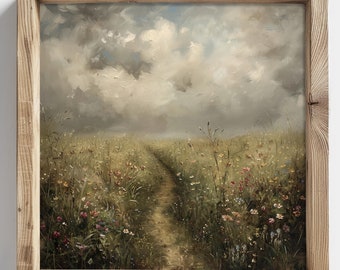 Vintage Countryside Meadow Wall Art, Impressionist Flower Field Painting, Rustic Landscape Square Print, French Country Farmhouse Decor