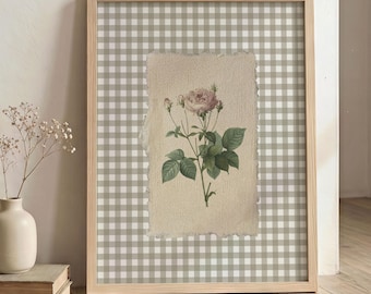 Pink Rose Vintage Floral Wall Art, Sage Cottagecore Gingham Framed Print