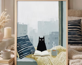 Black Cat Reading Wall Art Print, Cozy Home Decor, Whimsical Oil Painting, Reading Nook Decor