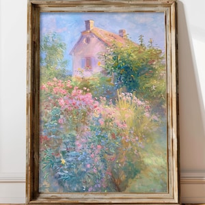 Stampa di pittura a olio di cottage francese in stile Monet, arredamento di campagna francese, arte murale di cottage inglese impressionista, arte di campagna con pittura a pastello