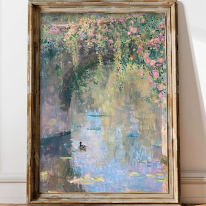 Monet Style Pastel Oil Painting Print, French Country Wall Decor, Impressionist Floral Wall Art, Vintage Water Lily Print, French Cottage