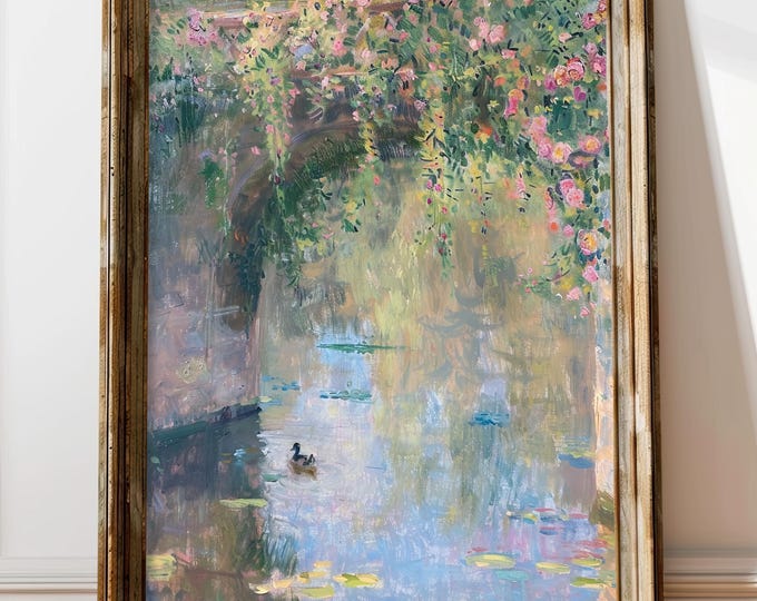 Monet Style Pastel Oil Painting Print, French Country Wall Decor, Impressionist Floral Wall Art, Vintage Water Lily Print, French Cottage