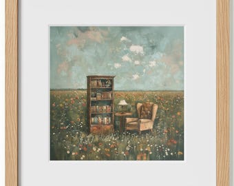Vintage wunderliche Buchliebhaber Kunstdruck, impressionistische Blumenfeld Malerei, rustikale Buchecke Wandkunst, Geschenke für Bücherwürmer, französisches Dekor