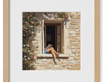 French Country Woman Reading Art Print, Rustic Book Nook Decor
