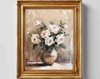 Vintage White Floral Still Life Painting Print, Rustic White Rose Antique Oil Painting, Rustic Farmhouse Wall Art, Neutral Beige Muted Decor