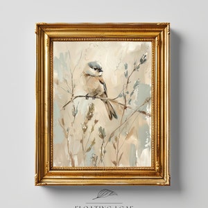 Muted Pastel Bird Painting Print, Neutral Beige Nature Wall Art, Small Chickadee Art Print, Farmhouse Nature Wall Decor Poster