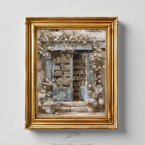 Stampa vintage di libreria francese, arte murale floreale francese, dipinto a olio rustico pastello tenue, stampa artistica di lettura di poster di libreria