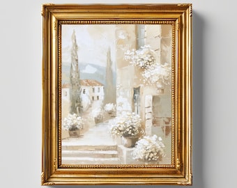 Lámina de pintura de pueblo francés, paisaje urbano floral antiguo, arte mural de casa de campo