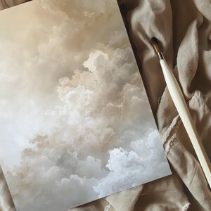 Peut inclure: Une peinture repr&eacute;sentant un ciel nuageux dans des tons de blanc et de beige. Les nuages sont peints de mani&egrave;re r&eacute;aliste, avec des bords doux et des variations subtiles de couleur.
