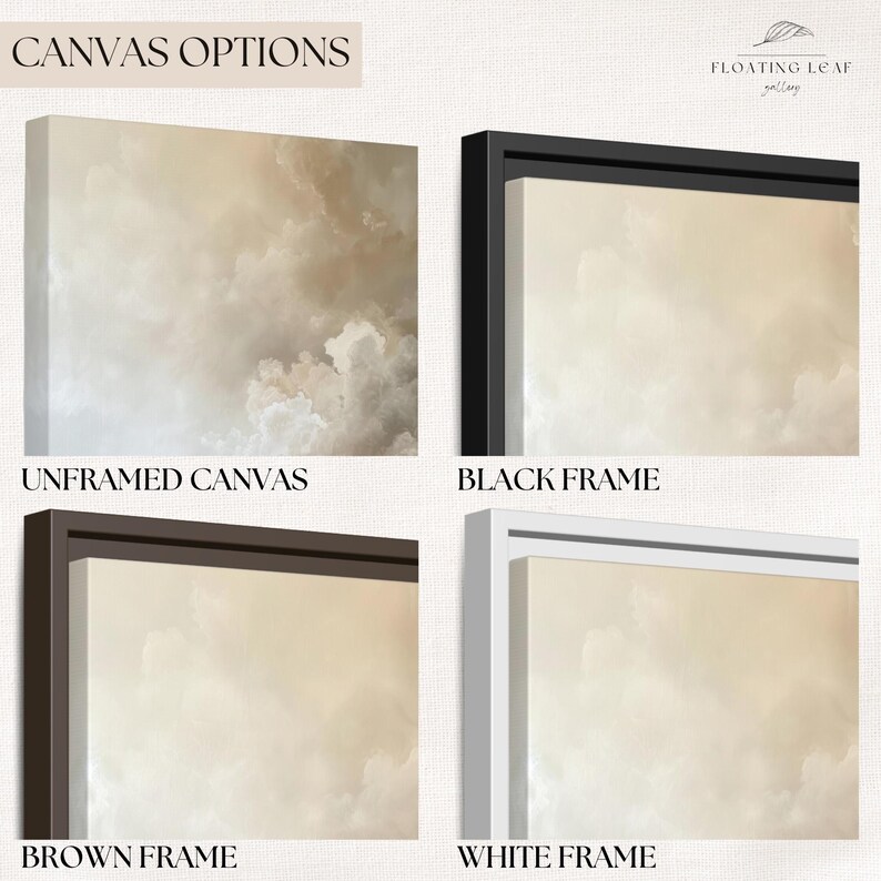 Peut inclure: Quatre options d'impression sur toile pour une peinture d'un ciel nuageux. Les options sont sans cadre, cadre noir, cadre marron et cadre blanc.
