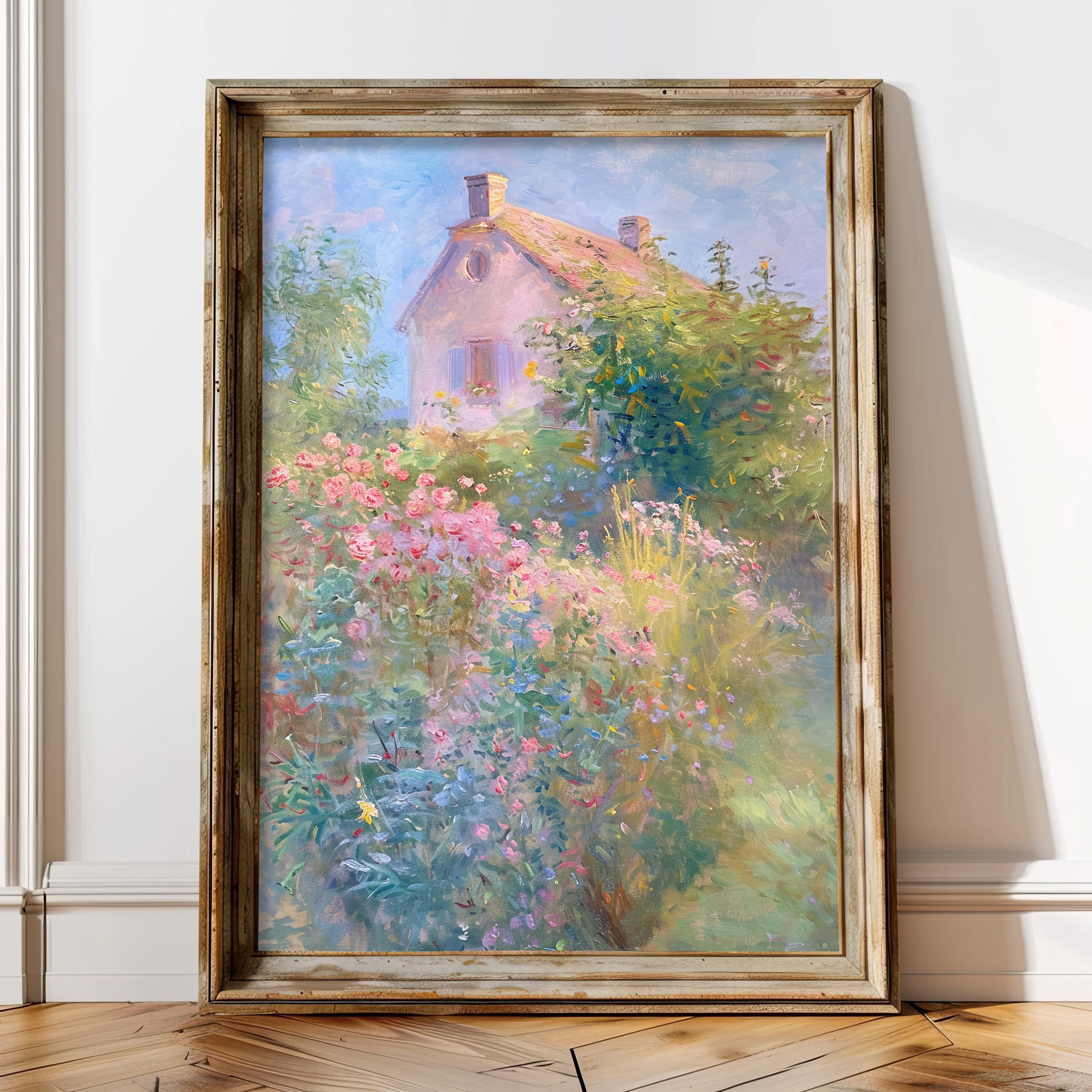 Monet Style French Cottage Oil Painting Print, French Country Decor, Impressionist English Cottage Wall Art, Pastel Painting Countryside Art