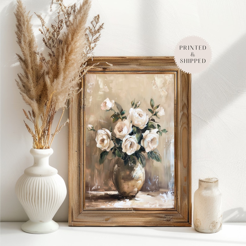 Vintage White Floral Still Life Painting Print, Rustic White Rose ...