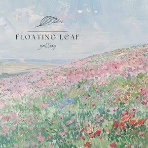 May include: A painting of a field of pink and red flowers with a blue sky in the background. The text "FLOATING LEAF gallery" is at the top of the image.