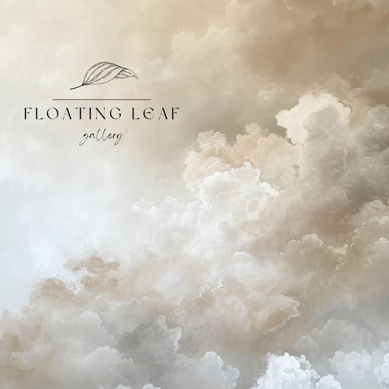 Peut inclure: Une peinture repr&eacute;sentant un ciel nuageux dans des tons de blanc et de beige. La peinture est intitul&eacute;e "FLOATING LEAF gallery".