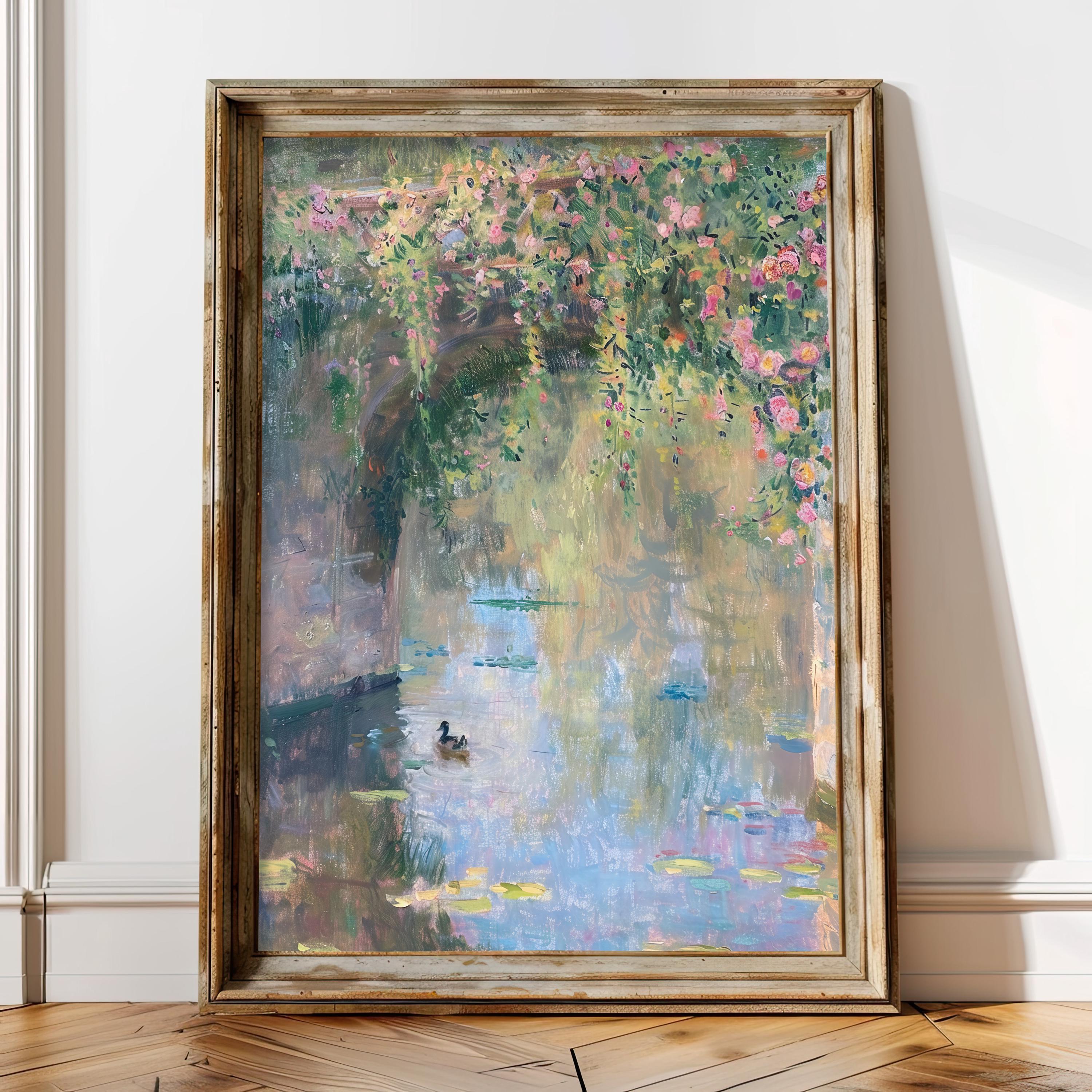 Monet Style Pastel Oil Painting Print, French Country Wall Decor, Impressionist Floral Wall Art, Vintage Water Lily Print, French Cottage