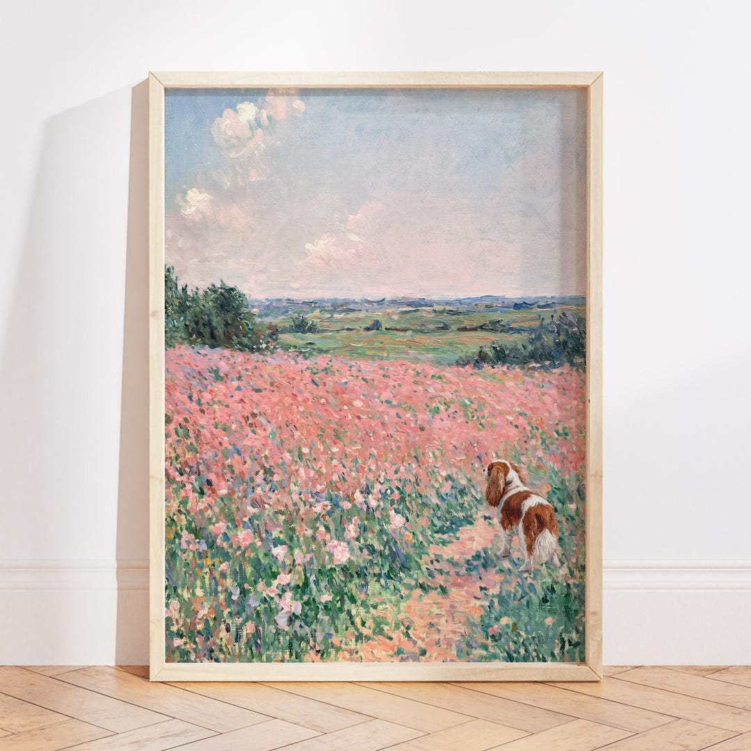 Monet Wildflower Pastel Oil Painting Print, Cavalier King Charles Spaniel Dog Art, Floral Landscape Wall Art - 16″ x 20″
