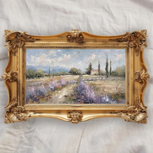Vintage französische Land Lavendelfeld Druck, Französisch Land Dekor, Pastell Gedämpft Ölgemälde, Antike Landschaft Wandkunst, lange schmale Kunst