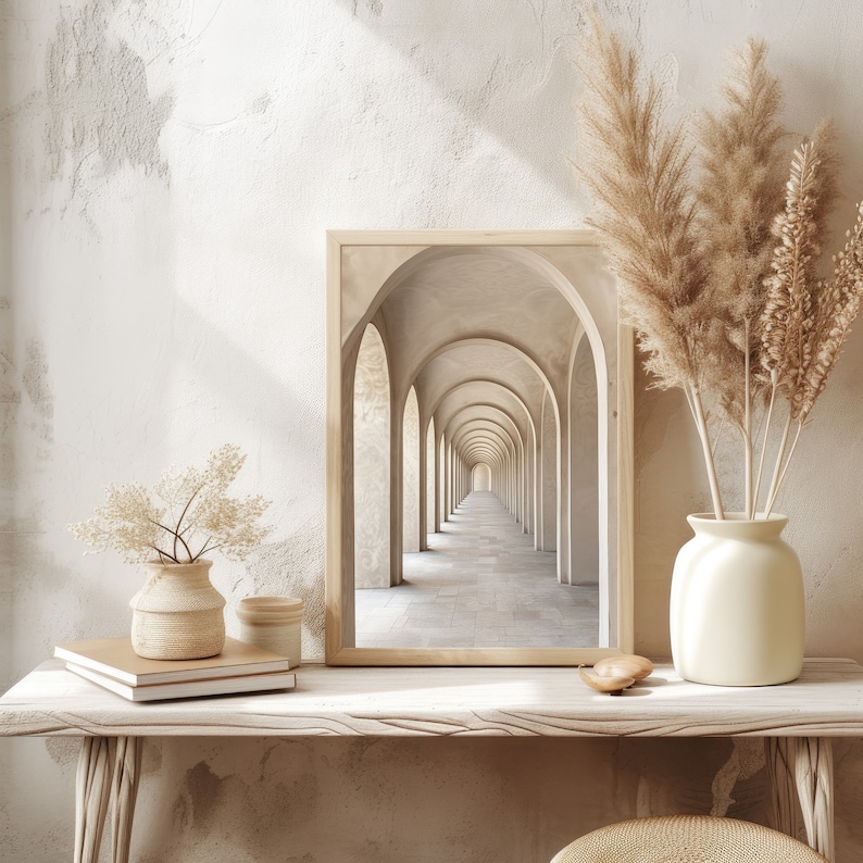 Trendigt beige neutralt arkitekturkonsttryck, beige heminredning, neutral väggkonst, minimalistisk väggdekor, lugnande zen-tryck, kanvaskonst bild 1