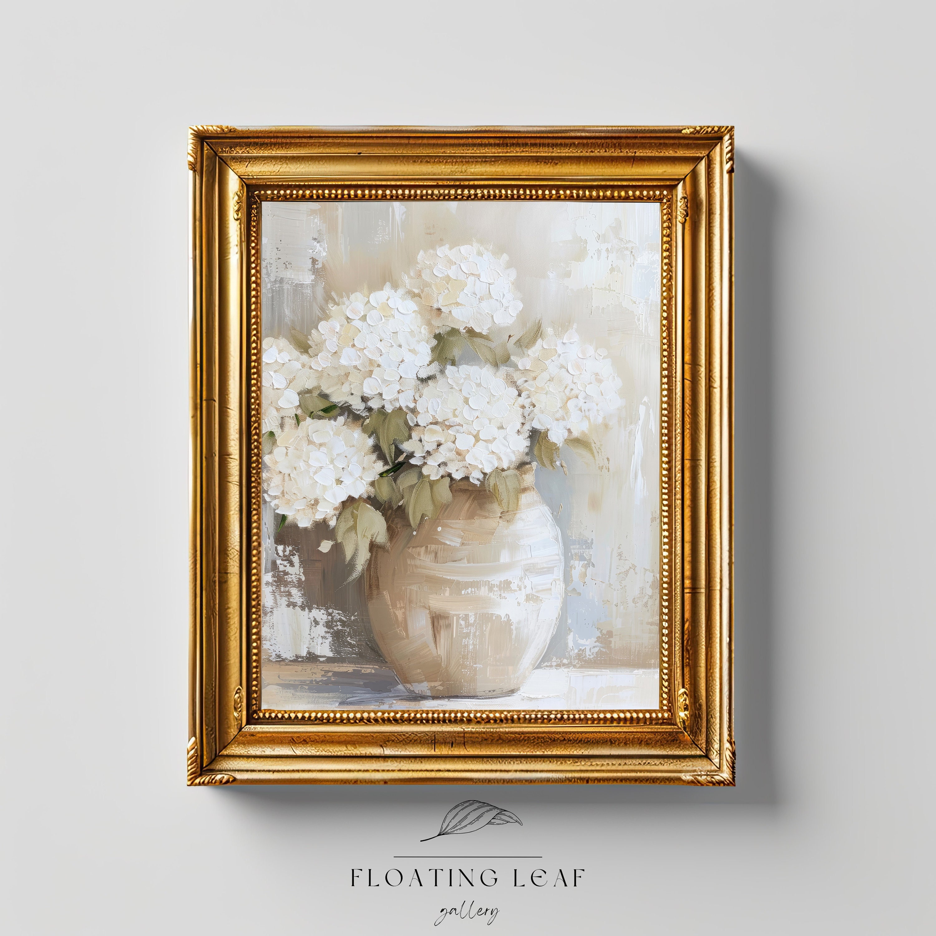 White Hydrangeas Neutral Muted Vintage Print, Trendy Flora Farmhouse Wall Decor, Botanical Oil Painting Wall Art, Living Room Bedroom Art