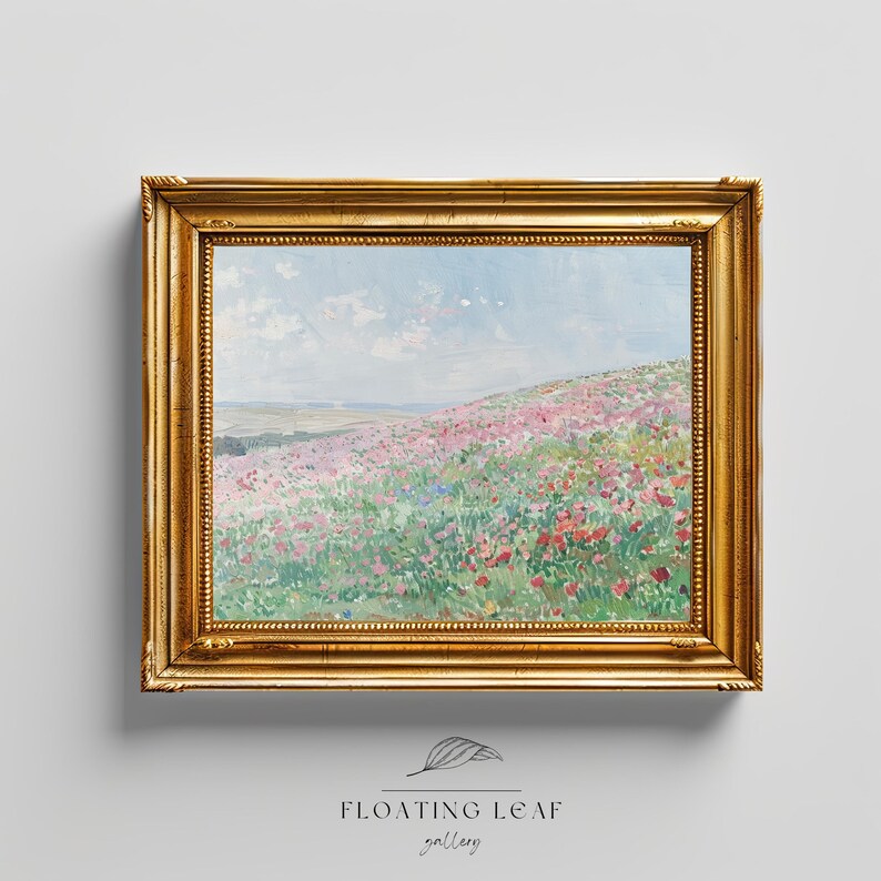 May include: A framed painting of a field of pink, red, and white flowers with a blue sky and white clouds in the background.