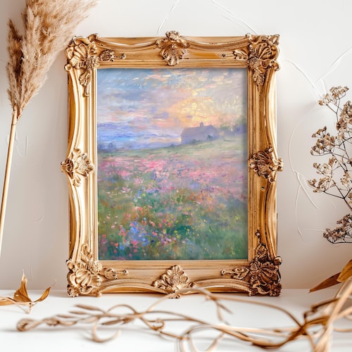 Impression de peinture à l'huile paysage vintage pastel en sourdine, décoration murale campagne française, impression d'art champ de fleurs colorées, impressions campagne