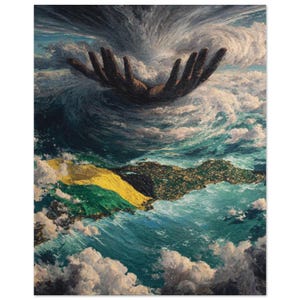 May include: An artistic painting depicts a pair of large hands reaching down from a turbulent sky. Below, a sea of swirling water surrounds a landmass with yellow and green hues, creating a dramatic and powerful scene.