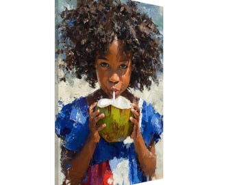 Haitian Girl with Coconut Canvas Wall Art | Haiti Flag Cultural Painting | Afro Caribbean Art Decor | Black Girl Haitian Heritage Home Decor