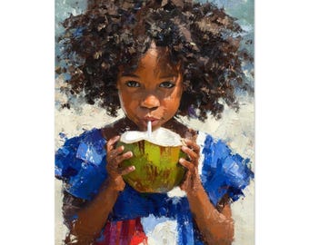 Haitian Girl with Coconut  Zoe Art Print | Haiti Flag Oil Painting | Afro Caribbean Wall Decor | Black Girl Museum Quality Fine Art Poster