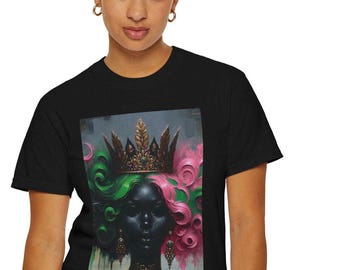 Distinguished Queen in Pink and Green African Art Shirt | AKA Sorority Inspired Colors T-Shirt | Comfort Colors Garment-Dyed Cotton Tee