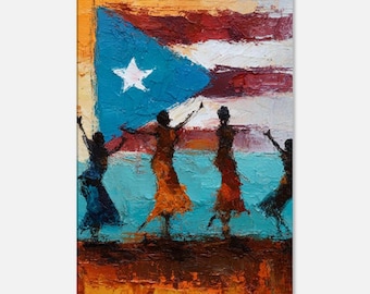 May include: An oil painting depicts four figures dancing in front of a Puerto Rican flag. The flag features a white star on a blue triangle and red and white stripes. The dancers are in shades of orange and blue.