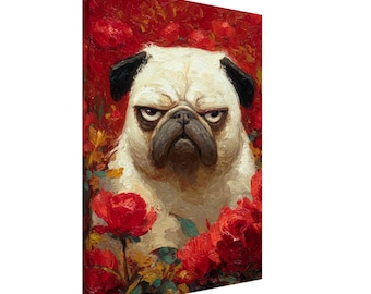 Annoyed Pug in a Bed of Roses – Funny Dog Oil Painting Canvas | Grumpy Pug Wall Art for Pet Lovers | Whimsical Animal Home Décor Gift