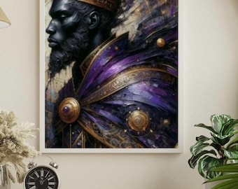 African King in Purple and Gold Canvas Wall Art | Regal Black Art for Men | Fraternity-Inspired Gift | Powerful Oil Painting Home Decor