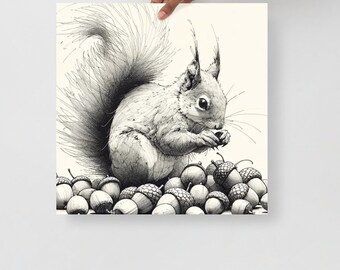 Squirrel | Unframed Art Poster | Ink Sketch | French Art | Minimalist Art | Black and White | Vintage Art | Oil Painting | Aesthetic Art